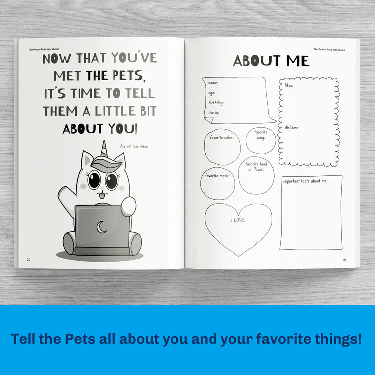 The Peace Pets Workbook - Fun activities for kids - About me - fillable activity book for kids